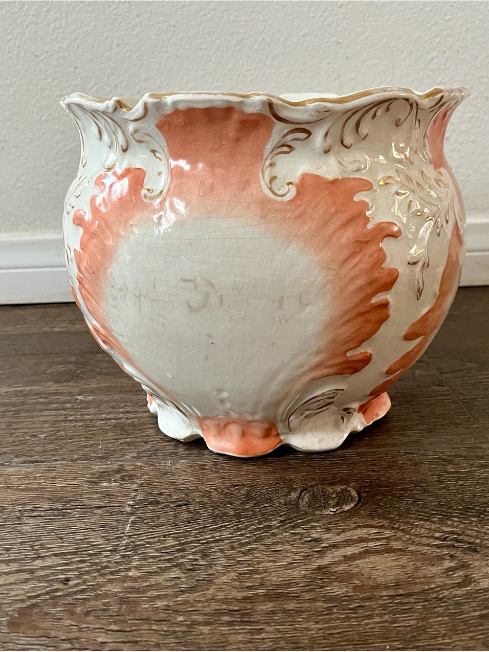 Ornate Coral and Cream Decorative Ceramic Planter from Germany - Picture 4 of 10